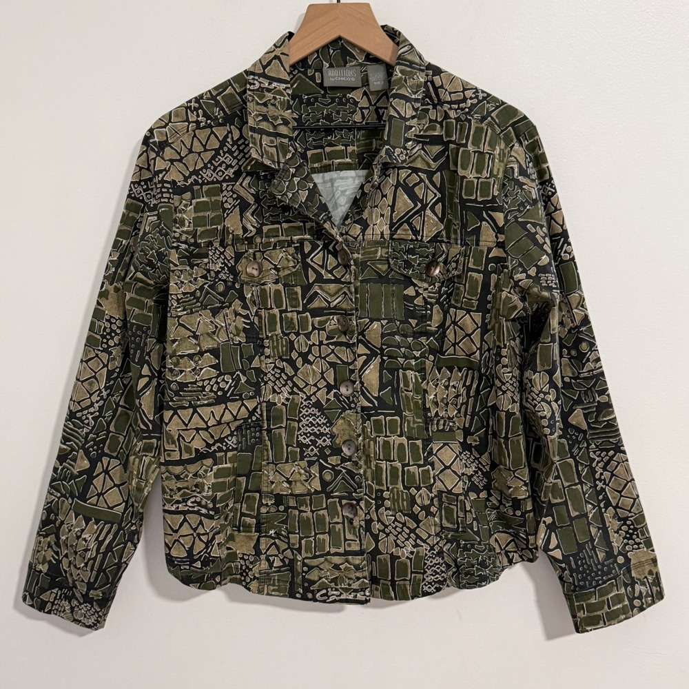 Chicos Jacket Womens 2 Green Geometric Print Button Front Artsy Boho Eclectic